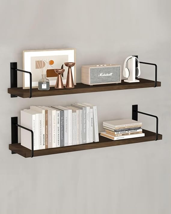 Wood Floating Wall Shelves for Wall Decor Metalic Black Wall Shelf Storage Organizer |Display Shelf for Living Room, Bathroom, Kitchen & Bedroom Décor (Brown)