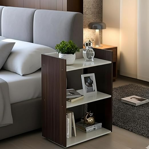 Bedside Table for Bedroom | Sofa Side End Table for Living Room Decor | Modern Storage 3-Tier Shelves | Engineered Wood White&Wenge Finish, Compact Space Saver (20×16×9 Inch)
