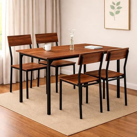 Dining Table Set of 4, 4 Seater Dining Table with Chairs, Engineered Wood Top & Metal Frame, Space Saving Compact Rectangular Dining Table for Home & Kitchen (Teak Walnut- DIY)