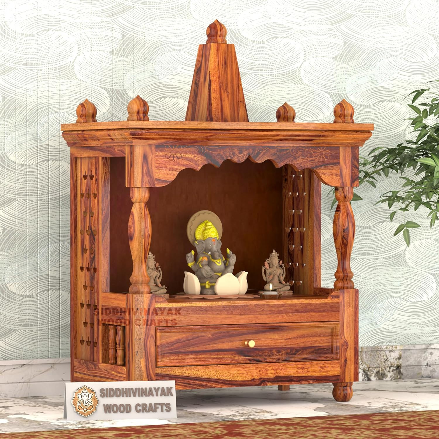 Solid Sheesham Wood Temple for Home | Wooden Puja Mandir, Puja Ghar, Mandap with 1 Drawer Storager | Pooja Mandir for Living Room & Office | Traditional pooja temple for home | Honey Finish