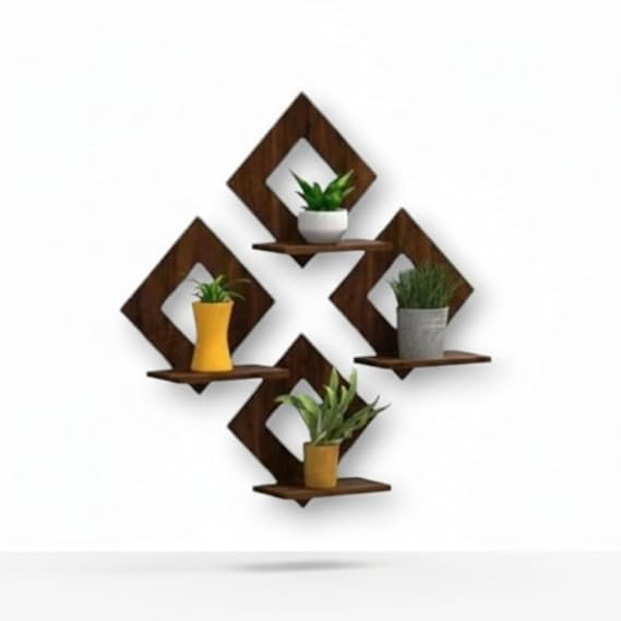 Wooden Wall Mounted Shelf with Hooks, Brown Wood Finish, Rustic Style, Living Room Storage, 2 Shelves, Rectangular Shape, Medium Size (Design 1)
