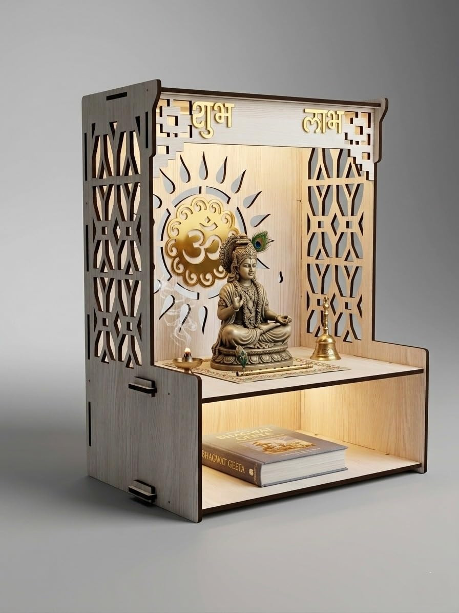 Beautiful Wooden Pooja Stand for Home, Temple, Office, Wall Mounted Puja Mandir with LED Spot Light Size (L- 29 CM, W- 25 CM, H - 37.5 CM).