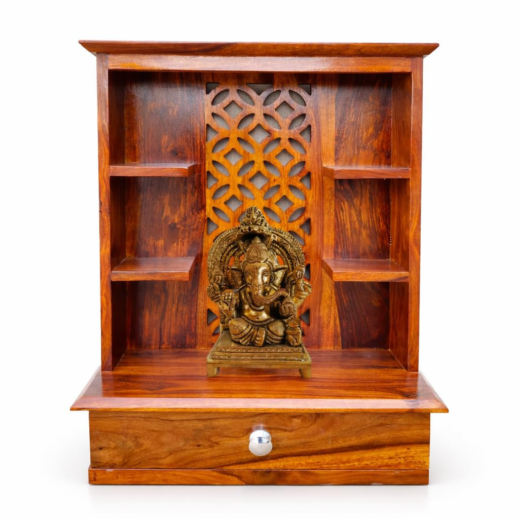 Wudniture Sheesham Wood Ivara Handcrafted Home Mandir/Temple (Honey Finish, 64 cm) | Wooden Pooja Mandir for Home & Office