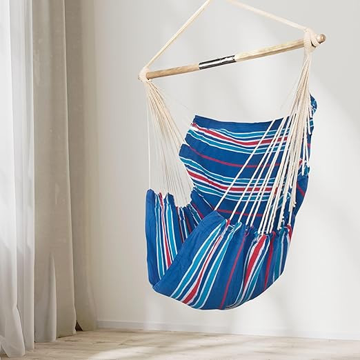 BISONBERG Hanging Hammock Chair with Wooden Spreader Bar, Blue Striped Cotton, 250 lbs Capacity, 55x63 Inch, Hand Braided Rope