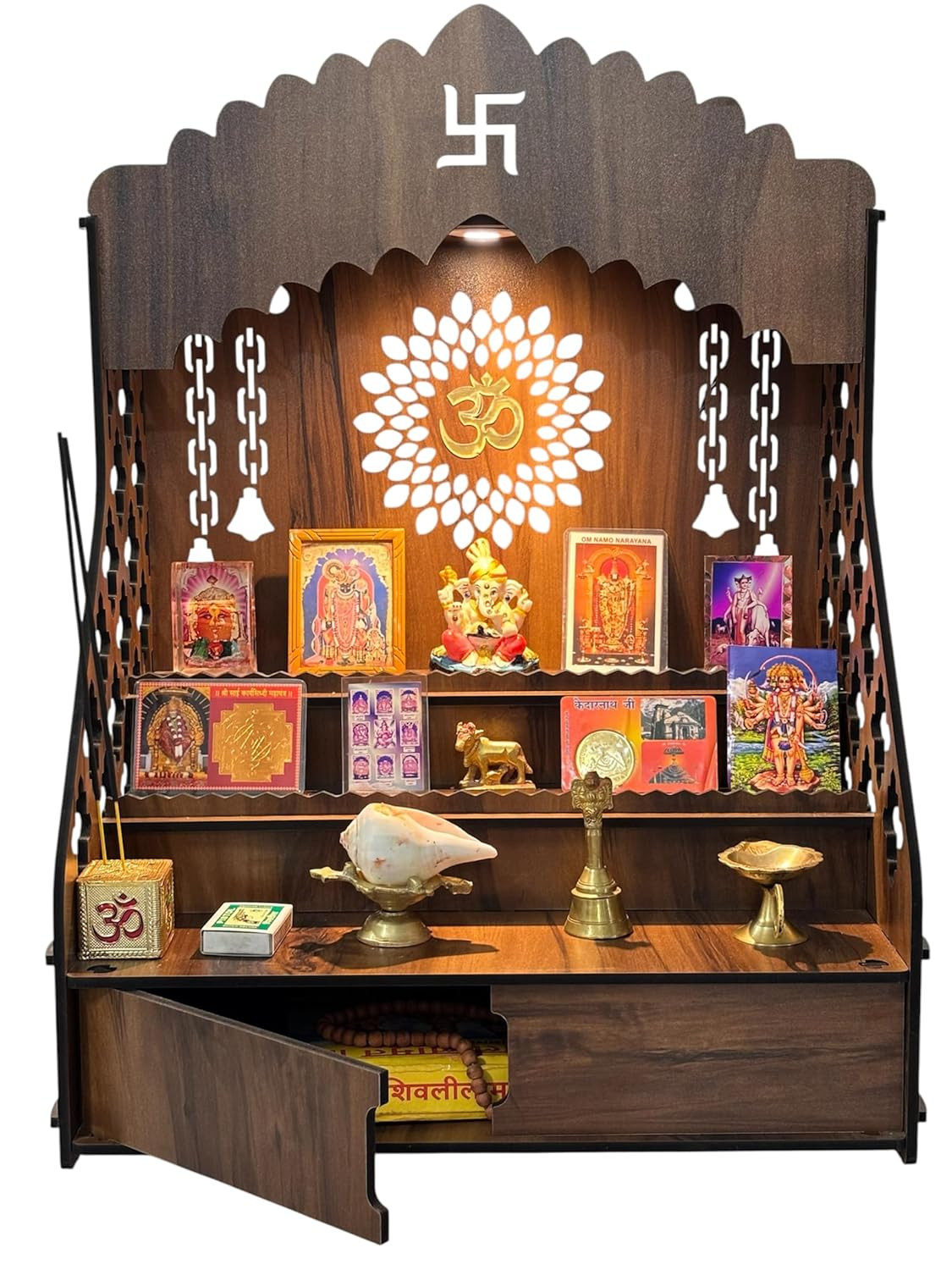 STEPn'SPACE Wooden Temple For Home Big Size Mandir With LED Light & Step Wall Hanging Puja Mandir For Home Temple For Office Pooja Stand For Home & Office Temple With Storage For Shop XL-D28Xw43Xh55Cm