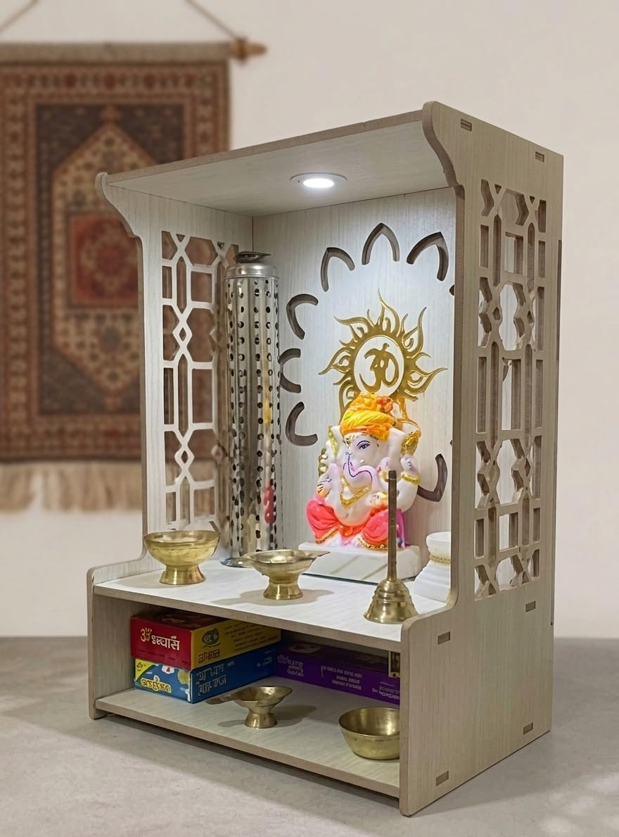 Beautiful Wooden Pooja Stand for Home, Temple, Office, Wall Mounted Puja Mandir with LED Spot Light Size (L- 29 CM, W- 25 CM, H - 37.5 CM)