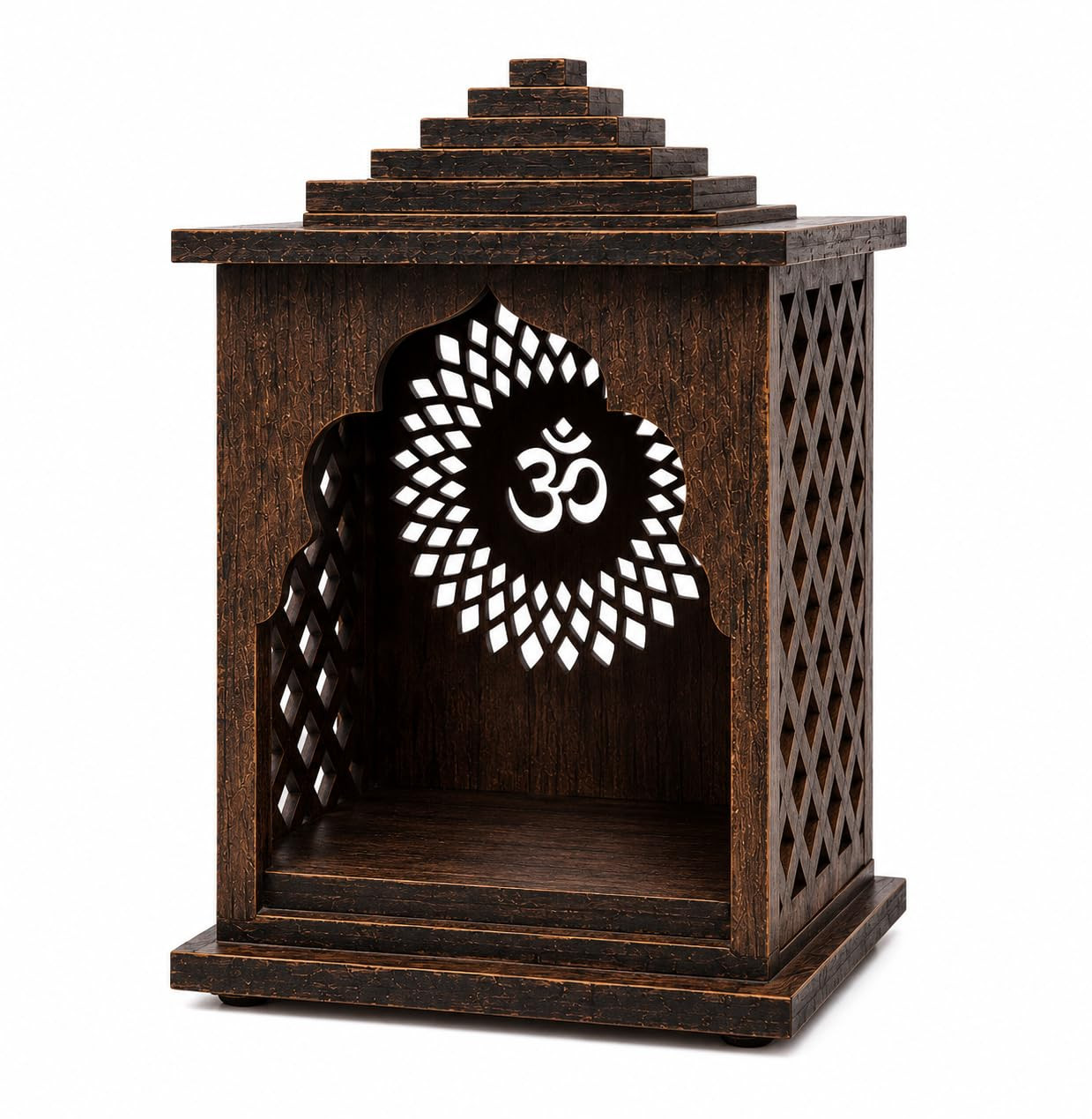 Shivay Anantam Wooden Pooja Mandir for Home, Office & Car | Handcrafted MDF Temple with Om Design | Decorative Mini Mandir for God Idol | Dark Brown Finish