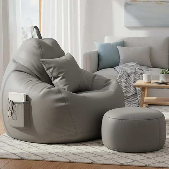 6XL Luxury Faux Leather Bean Bag with Footrest & Cushion | Pre-Filled High-Density Polystyrene Beans | Premium Leatherette |Teardrop Handle Design | 6 Months Warranty Color- Grey