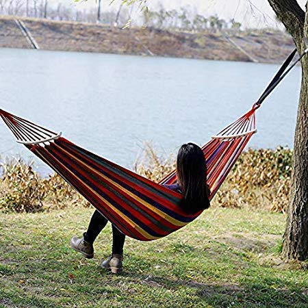 DIPDEY Wooden Stick Portable Swing Cotton Stripe With Strong Hammocks Rope Beach Sleeping Bed Backpack Spreader Bar Tree Hanging For Travel Garden Striped Ultralight Outdoor Jula Camping Hammock (Multicolor)-Set 1