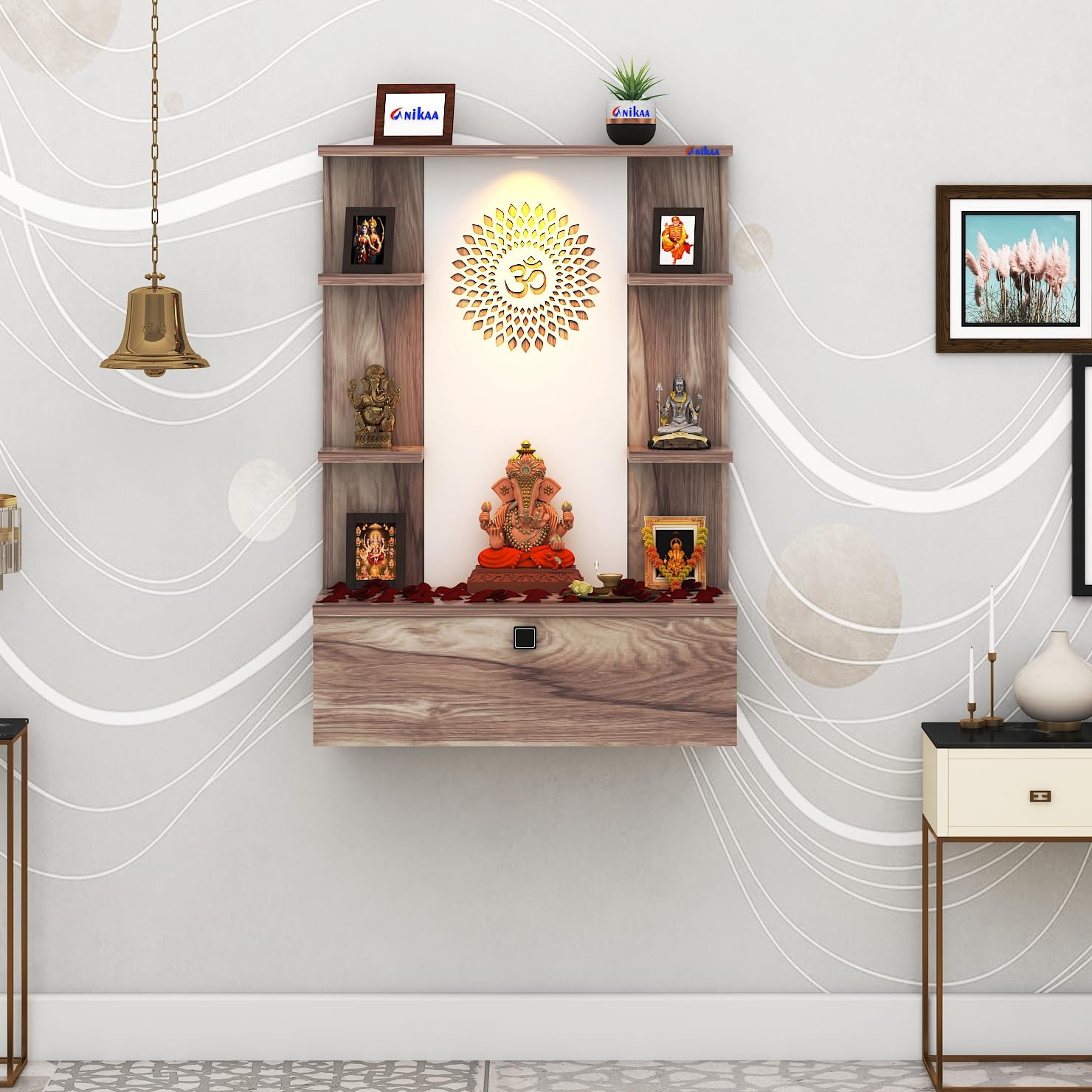Anikaa Namami Wall-Mount Wooden Home Temple with LED Light & Storage | Engineered Wood Modern Pooja Mandir with Doors & Shelves for Living Room/Prayer Space (Coachwood DIY Installation)