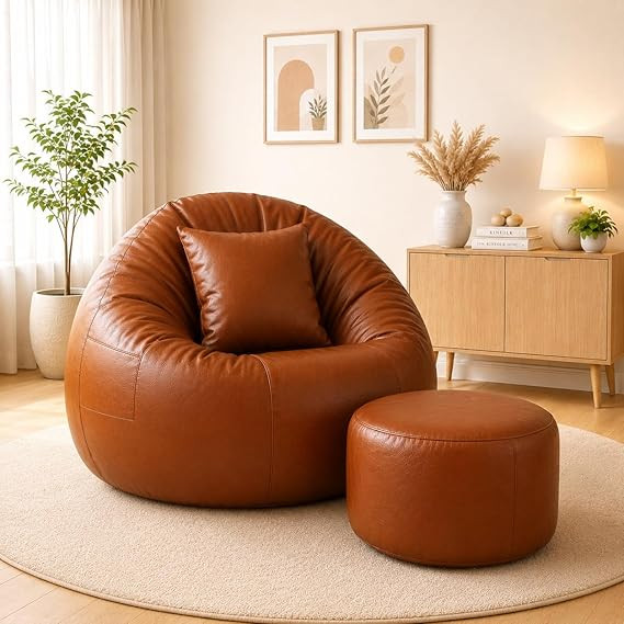 4XL Tear Drop Bean Bag with Footrest & Cushion | Premium Leatherette Bean Bag Cover | XXXXL Lounger Chair for Living Room | Without Beans | Upto 150 Kg (Tan, XXXXL)