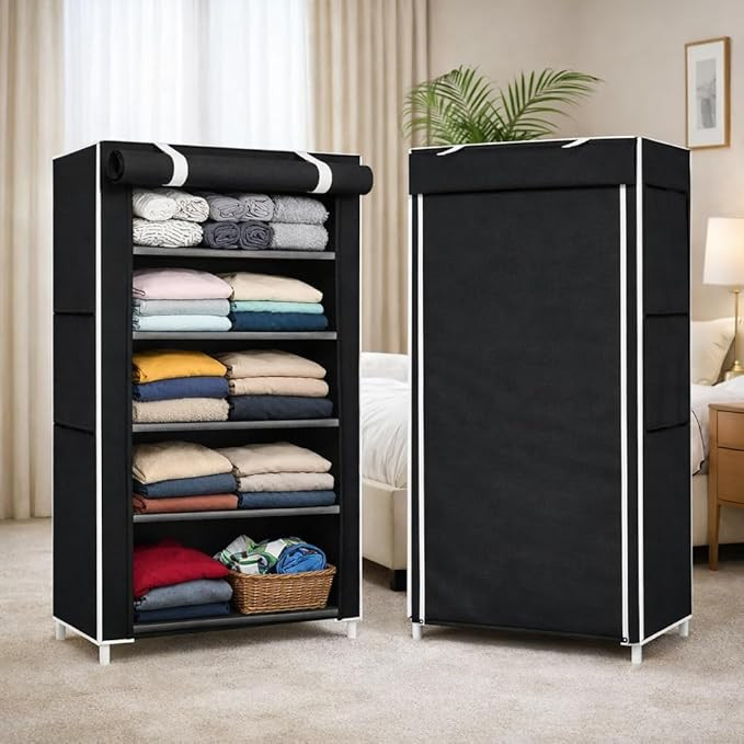 Collapsible Wardrobe Cabinet 6 Rack (Black) | 6 Shelves Baby Foldable Wardrobe | Non-Woven Fabric Shelves | Black