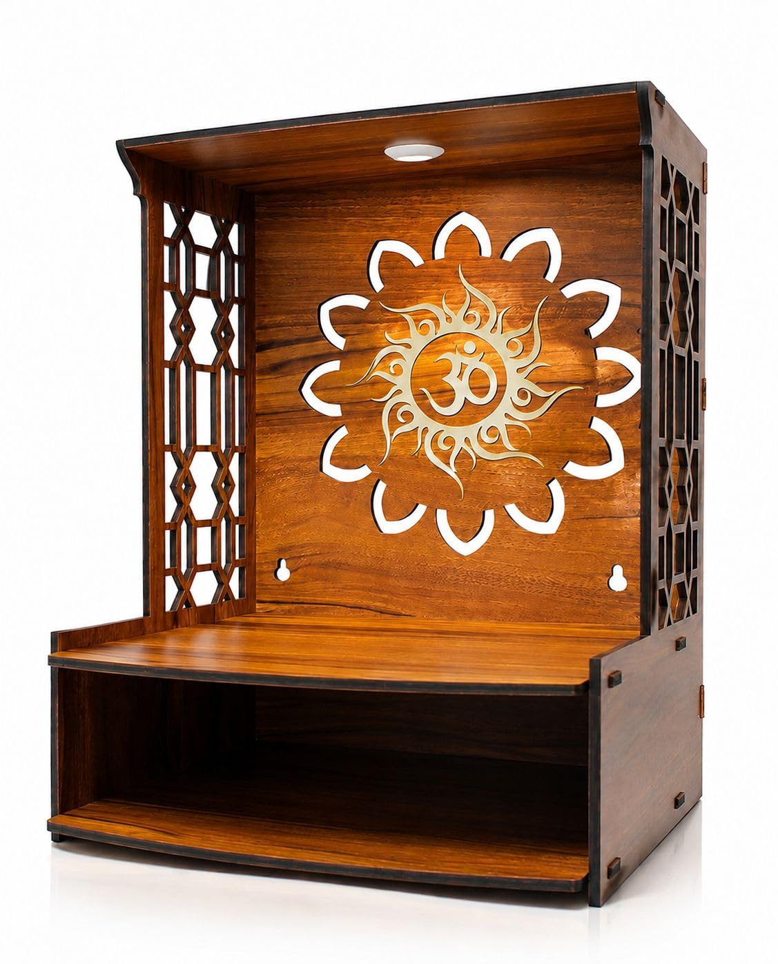 Wooden Temple for Home Wall Mounted with LED Light | Premium MDF Pooja Mandir for Home | Modern Decorative Mandir with Om Design & Storage Shelf | Brown Wooden Mini Temple for Home Decor