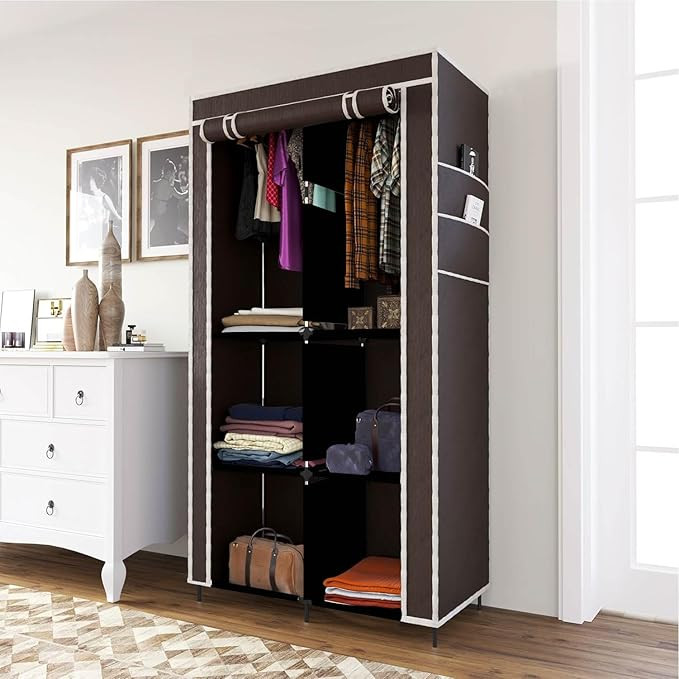 Collapsible Wardrobe Portable Foldable Closet Clothes Almira, 2 Hanging Space, 8 Shelves (Non-Woven Fabric 90GSM, 84CMx42.5CMx166CM) (7800-3, Brown)