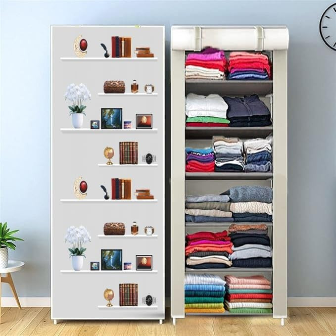 Portable Collapsible Wardrobe for Clothes Storage – Foldable Cloth Organizer Cupboard with Shelves for Bedroom & Home (Durable, Space Saving Design) (Grey Book Print, 6-Layer)