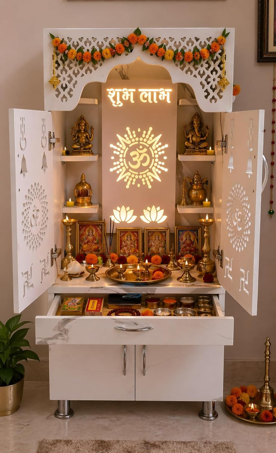 Beautiful Home Temple/Pooja Mandir with Led Lights (Pre Assembled) Engineered Wood Home Temple (Height: 130, Pre-Assembled)|White