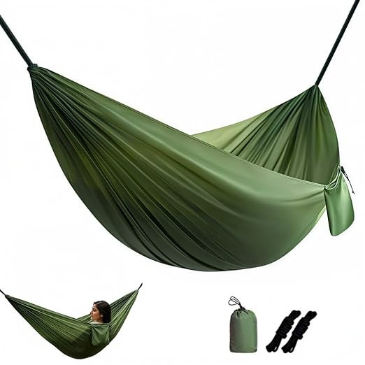 Portable Camping Hammock, 150kg Loading Outdoor Swing, Lightweight Parachute Nylon Outdoor Hammock, Built in Pocket, Ropes & Storage Bag, Travel Hammock for Camping, Backyard (210x140cm)