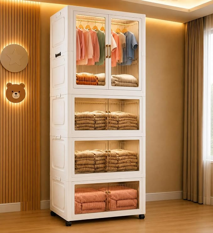Plastic Wardrobe for Cloths | 4 Layer Stackable Almirah with Hanging Rod, Transparent Doors, Wheels | Foldable Storage Cabinet Organizer for Clothes/Books/Toys