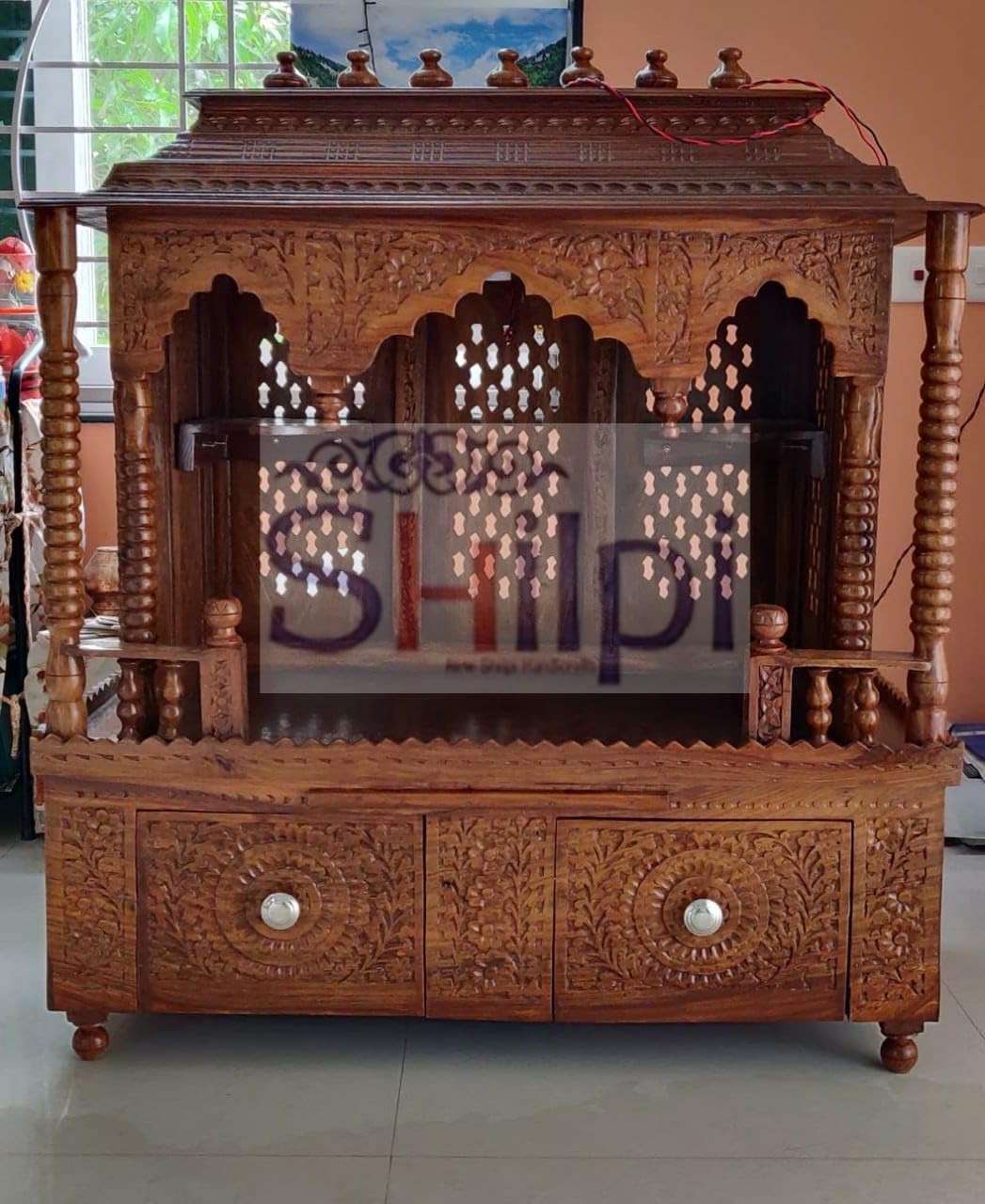 Shilpi Wooden Temple/Mandir in Contemporary 2 Drawer Design