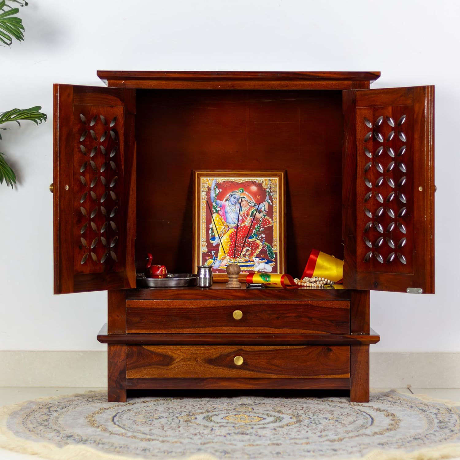 Solid Sheesham Wood Temple for Home | Wooden Mandir with Doors & 2 Drawer Storage | Pooja Mandir for Home, Office & Prayer Room | Traditional Handcrafted Design (Honey Finish)