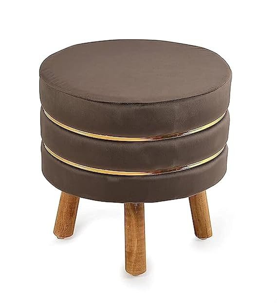 Velvet Ottoman Stool with Wooden Legs, Round Footrest Stool for Living Room, Bedroom, Upholstered Pouffe Seat, Small FootRest Stool, Vanity Table, Decorative Ottoman Seat (1, Brown)