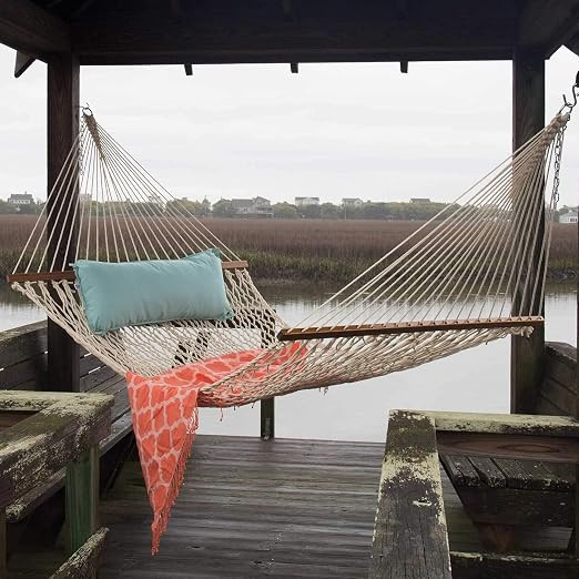 Oriley Wooden Stick Swing with Cotton Net Hammock White Hanging Rope Portable Sleeping Swinging Bed for Patio Lawn Garden (200 x 150 cm)