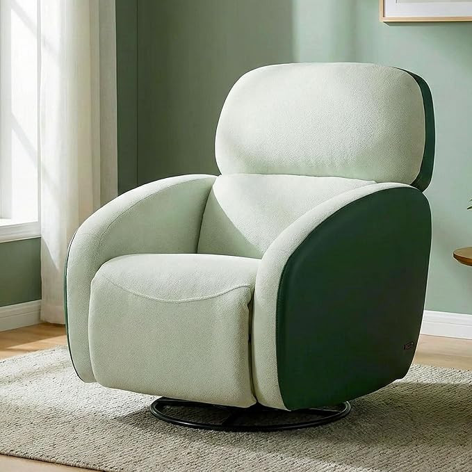 Recliner Chair | Rocking & Swivel Recliner | Seafoam Boucle Fabric & Dark Green Leatherette | Single Seater Recliner Sofa for Living Room | 18 Months Warranty