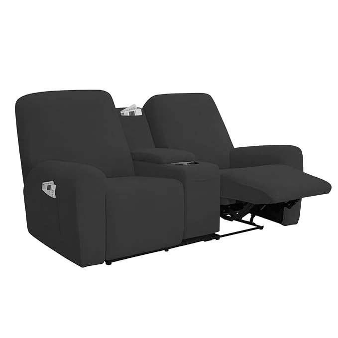 Stretch Recliner Loveseat Cover with Center Console Sofa Slipcover Soft Fitted Fleece 2 Seats Couch with Cup Holder and Storage Washable Furniture Protector Dark Gray