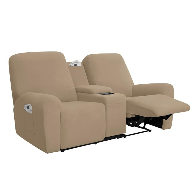 Stretch Recliner Loveseat Cover with Center Console Sofa Slipcover Soft Fitted Fleece 2 Seats Couch with Holder and Storage Washable Furniture Protector Camel