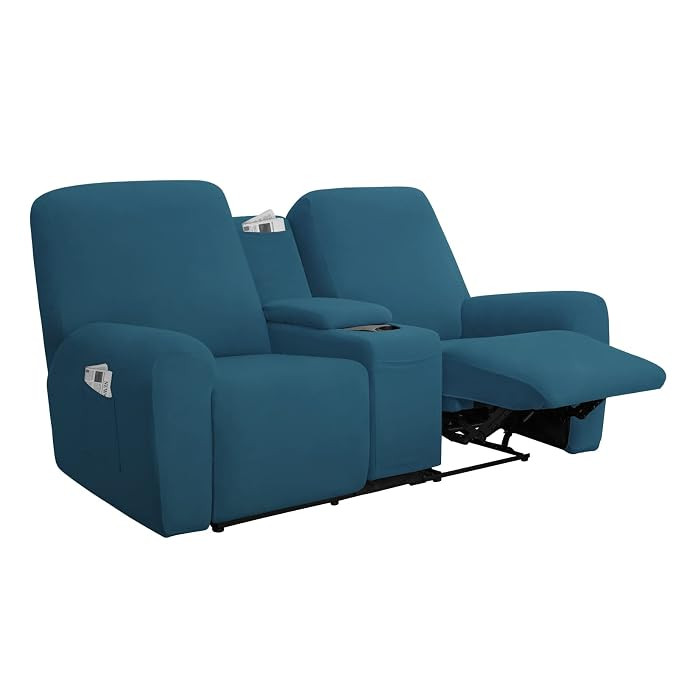 Soft fitted fleece slipcover for 2-seat recliners with center console. Camel stretch cover with cup holder cutouts & storage. Washable furniture protector.