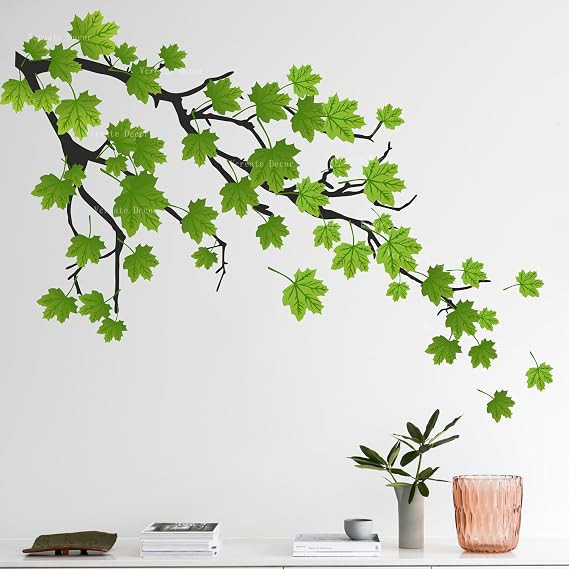 Green Leafs Branch Wall Stickers Green Leaves Birds Peel and Stick Wall Decals for Living Room Bedroom (Size 91 X 93cm)