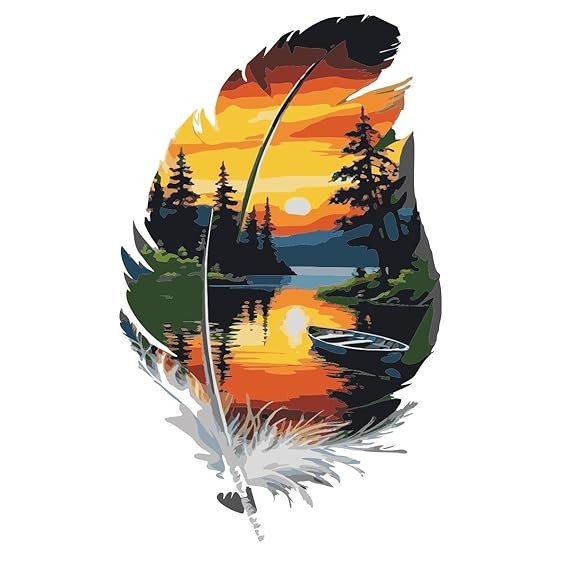 Nature Landscape Wall Decal, Colorful Forest & Boat Scene Feather Design, Large 60x60 cm Modern Wall Sticker for Living Room, Bedroom, Office Decor