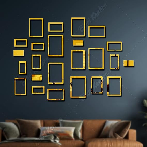 Hollow Rectangle 24 Golden Decorative Mirror Stickers for Wall, 3D Acrylic Stickers Wall Stickers for Hall Room, Bed Room, Kitchen Living Room Kids Room.