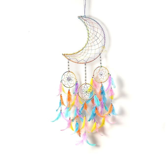 Stainless Steel Moon Shape Dream Catcher Half Moon Home Decor Wall Hanging Bedroom Best for Gifts and Decoration, Wall Art for Bedrooms, Home Wall(CrescentMoonDC: PastelMulti)