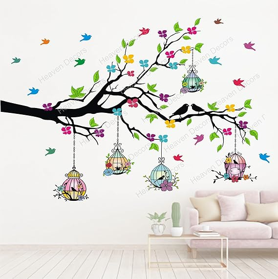 Natural Tree with Birdcage and Birds Flying Wall Sticker (Ideal Size on wall: 127 cm x 80 cm),Multicolour