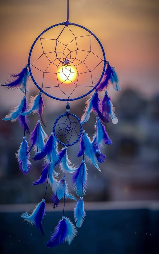 Fashionble Dream Catchers Wall Hangings, Home Décor, Handmade Dreamcatcher for Bedroom, Balcony, Garden, Party, Café, Small Ring Beaded Blue & Light Blue Feathers 17cm Diameter Length 60cm