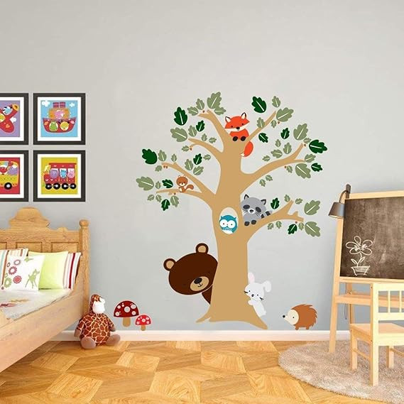 Animals Cartoon Tree Wall Sticker | PVC Vinyl Self Adhesive Wall Sticker for Kids Room, Bedroom, Living Room & Home Décor | 92 cm x 90 cm