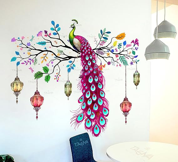 Peacock Wall Sticker Vinyl, Colourful Wall Art Decal with Hanging Lanterns, Decorative Sticker for Living Room, Multi-Colour