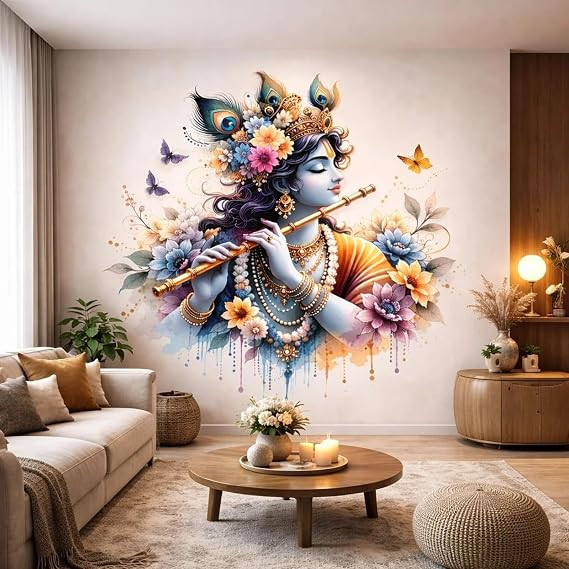 Lord Krishna Playing Flute Wall Sticker, Watercolour Floral Design, 3D Spiritual Decor for Puja Room, Bedroom, Living Room