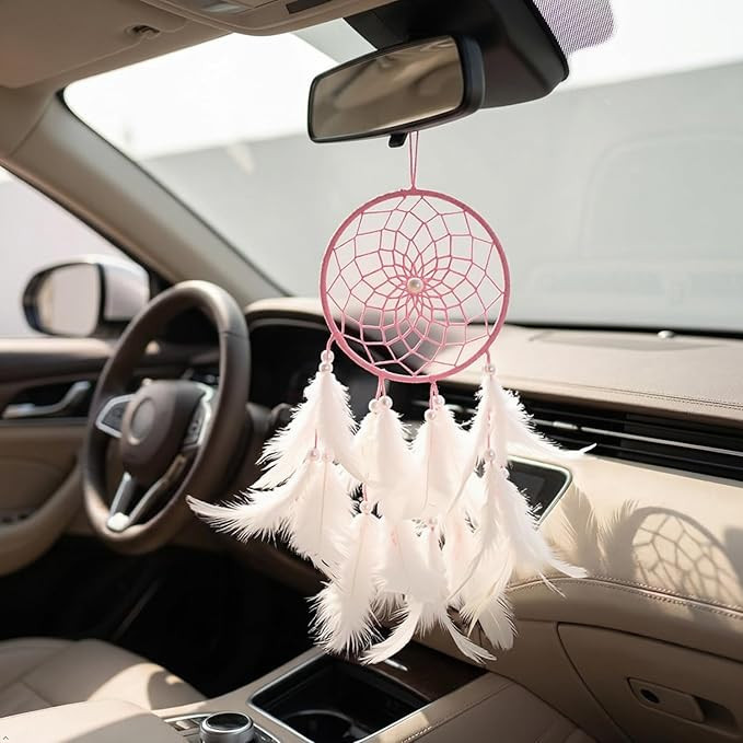 Dream Catcher Car Hanging - Stylish Rear View Mirror Ornament, Decorative Showpiece, Interior Accessories, 9x23 cm, Pink, Handcrafted with Feathers and Beads