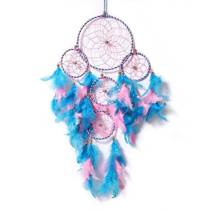 Dream Catcher for Home Decor, Feather Wall Hanging for Kids Room, Bedroom, Living Room & Balcony Decoration, Boho Positive Gift Item, Pink & Blue, 15 x 71 cm, Pack of 1