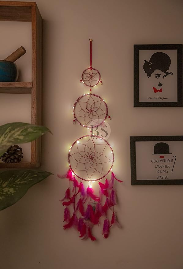 Dream Catcher with Lights, Wall Hangings, Crafts, Home Decor, Handmade for Bedroom, Balcony, Garden, Party, Café, Decoration, Wedding, Decorative, Pink Pastel Purple Feathers (17 cm Diameter)