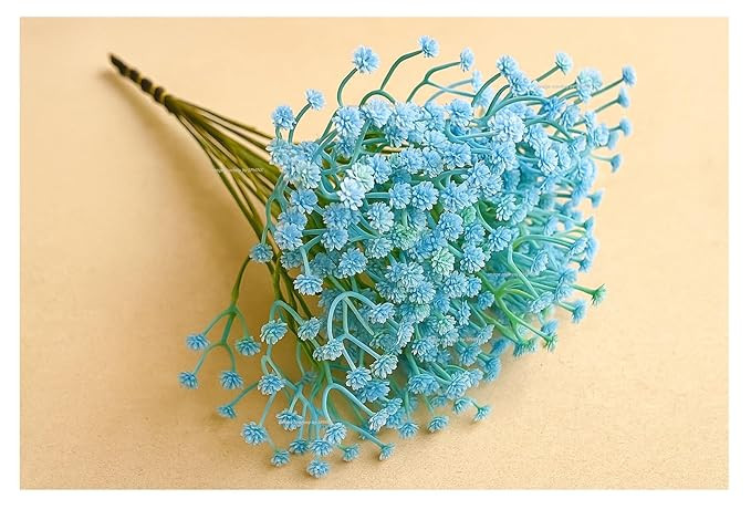 Artificial Mini Baby's Breath Flower Sticks - Realistic Gypsophila Stems for Gifting, Home, Bedroom, Garden, Balcony (Height Approx. 29 cm) with 5 Forks per Stick - (10, Blue)