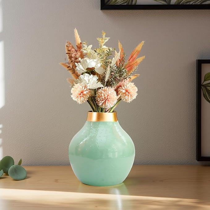 Unbreakable Metallic Aqua Green Flower Vase for Home Decor | Aesthetic Vase Gift for Wedding, Housewarming, Parties | Decorative Metal Vase for Living Room, Dining Table, Office