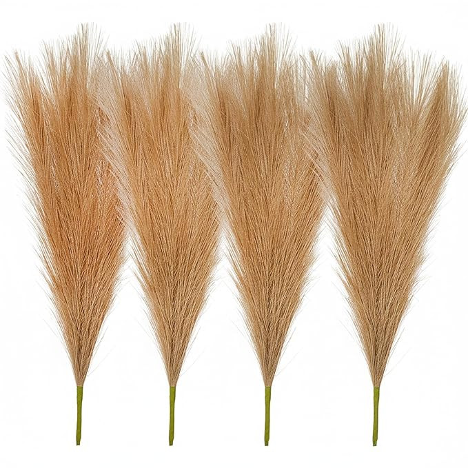 Pack of 4 Pcs Artificial Flowers Pampas Grass Small Fake Flower Plant for Home Decor, Office, Bedroom, Living Room, Table Decoration, Dried Plants (Without Vase Pot) (Light Brown)
