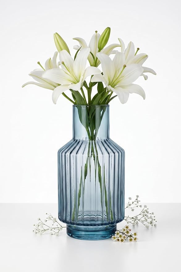 Short Wide Ribbed Glass Flower Vase Handmade Decorative Pot for Home Decor Living Room Centre Table Gifting India