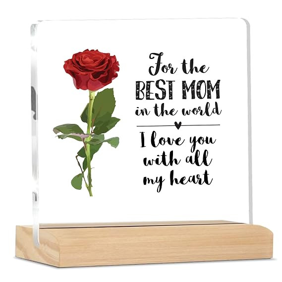 Sign Best Mom in The World Quote Plaque With Wood Stand | Mother's Day Gift | Gift for Mom Home Office Desk Decor | (4 X 4 Inches) MP_01