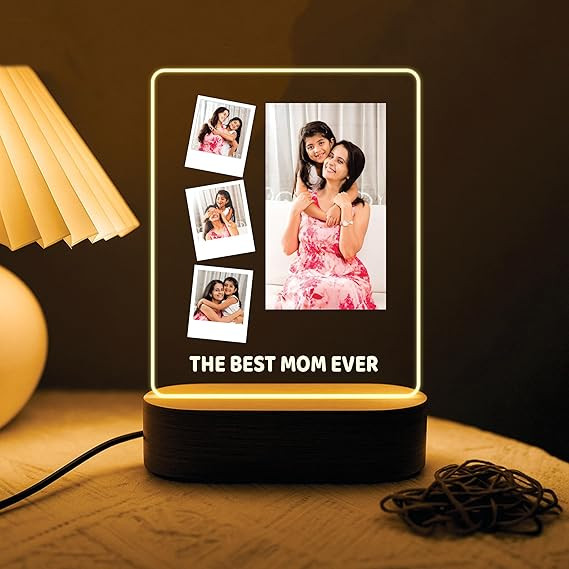 Customized Photo Frame With Wooden Stand | Personalised Printed Frame With LED Light | Gift For Mom | Birthday | Mother s Day | Anniversary (Transparent, 6x8 Inches, Tabletop) M_05