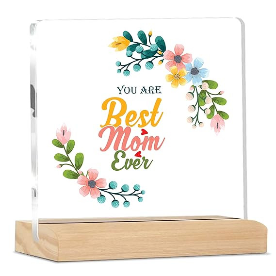 Sign Best Mom Ever Quote Plaque With Wood Stand | Mother's Day Gift | Gift for Mom Home Office Desk Decor | (4 X 4 Inches) MP_04