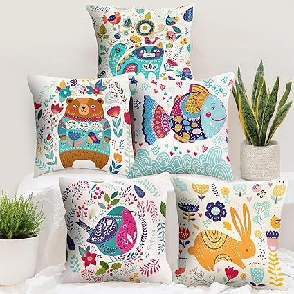 Cushion Cover Boho Set of 5 Cartoon Digital Printed Decorative Pillow Cushion Covers - 16 in x 16 inch, Polyester, 180 TC, Multicolor